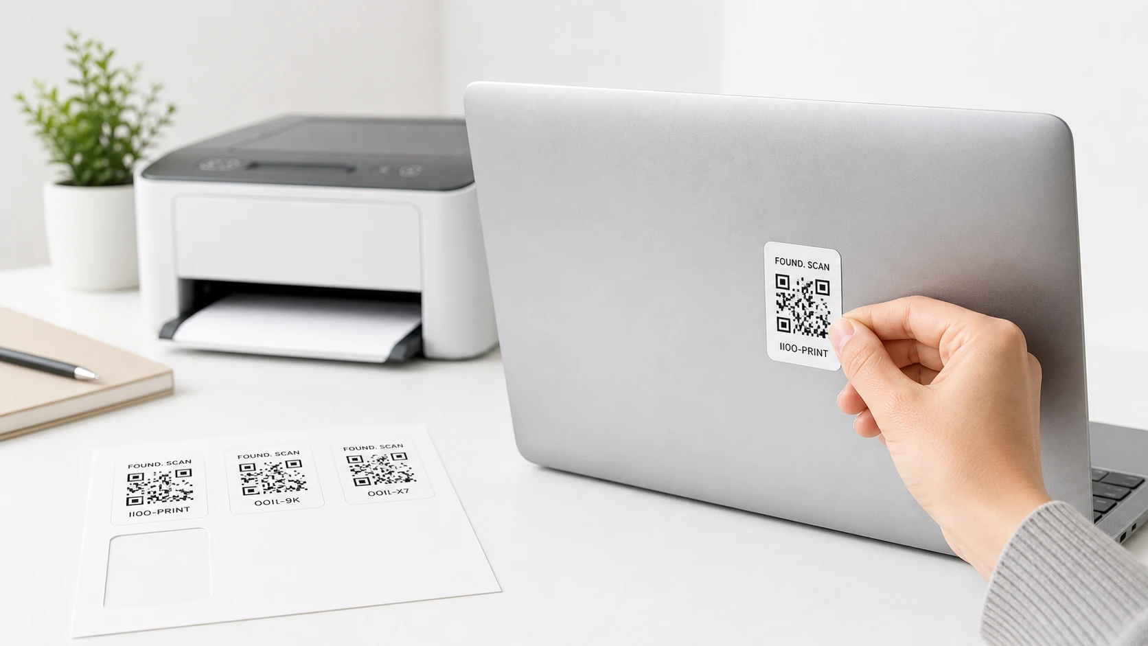 Selbstklebendes FoundPing QR-Code-Label wird auf einen Laptop geklebt