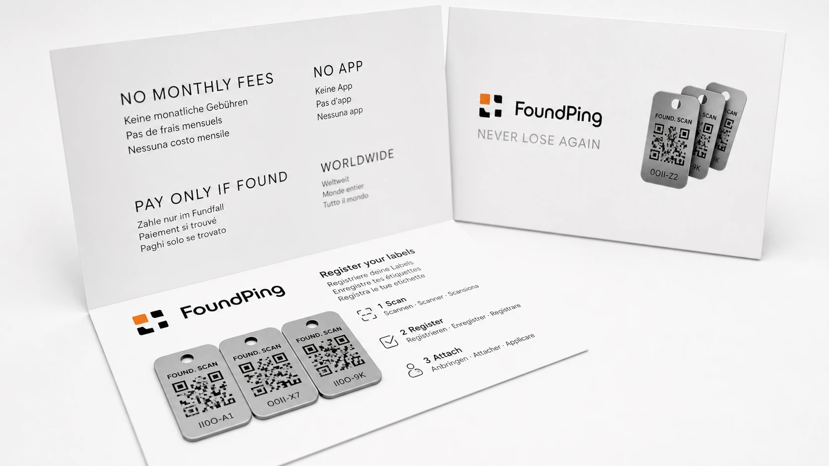 FoundPing Premium-Edelstahl-Labels mit QR-Code und Anleitung