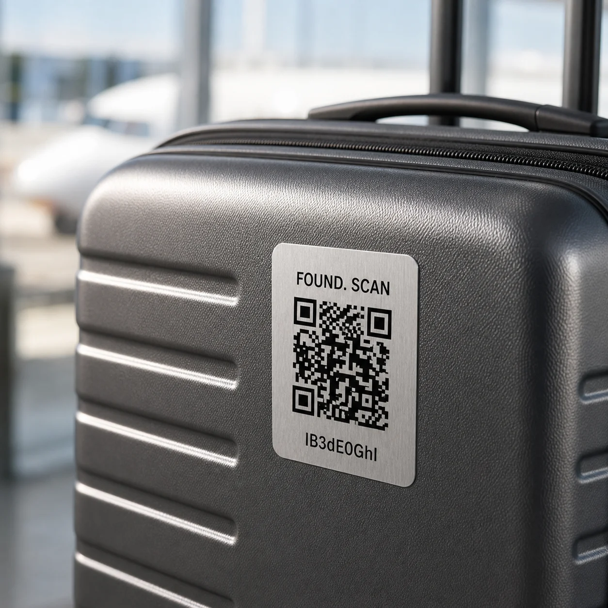 Grosser Metall-Kleber mit QR-Code auf einem Schalenkoffer